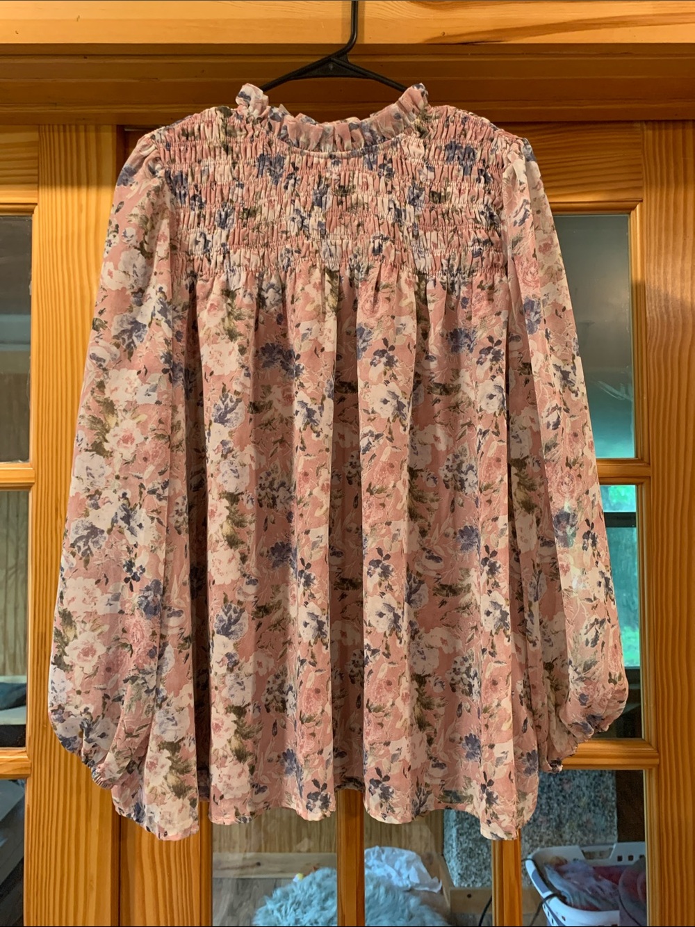 Women’s Jodifl Allover Ditsy Floral Smocked Bust Balloon Sleeve Mock Neck Blouse